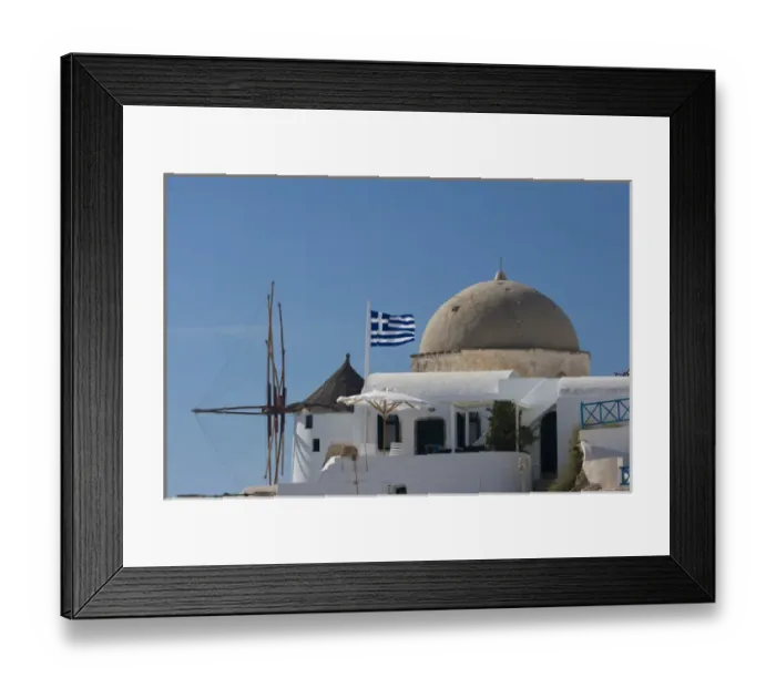 Framed Print : Europe, Greece, Santorini, Thira, Oia. Windmill and church dome with a Greek flag flying Framed Print : Europe, Greece, Santorini, Thira, Oia. Windmill and church dome with a Greek flag flying