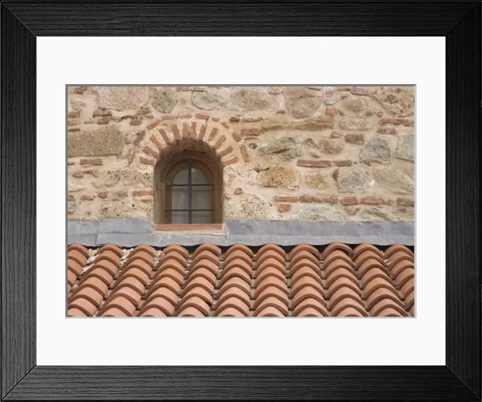 Framed Print : Europe, Greece, Meteora. Tile roof and small window in Grand Meteora Monastery. Credit as