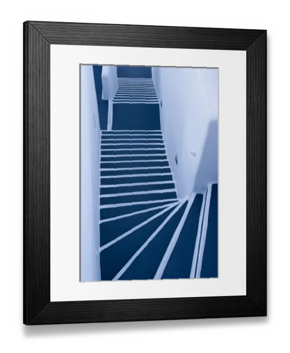 Framed Print : Europe, Greece, Santorini. Looking down on painted blue and white stairway. Credit as