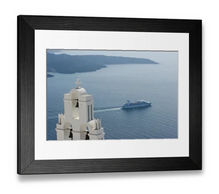 Framed Print : Europe, Greece, Santorini. Blue church dome and white bell tower overlooking a luxury yacht