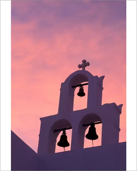 Europe, Greece, Santorini. Belltower at sunrise