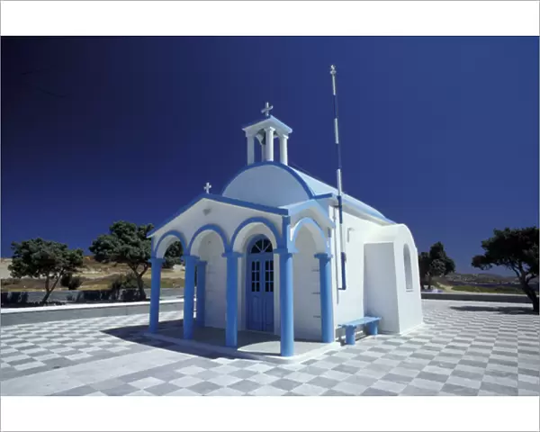 Europe, Greece, Cyclades Islands, Milos. White and blue Agios Nicoolaos church in