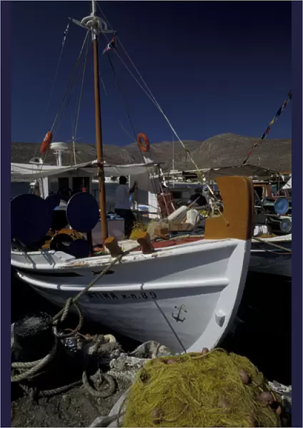 Europe, Greece, Cyclades Islands, Folegandros. Moored fishing boats in ports