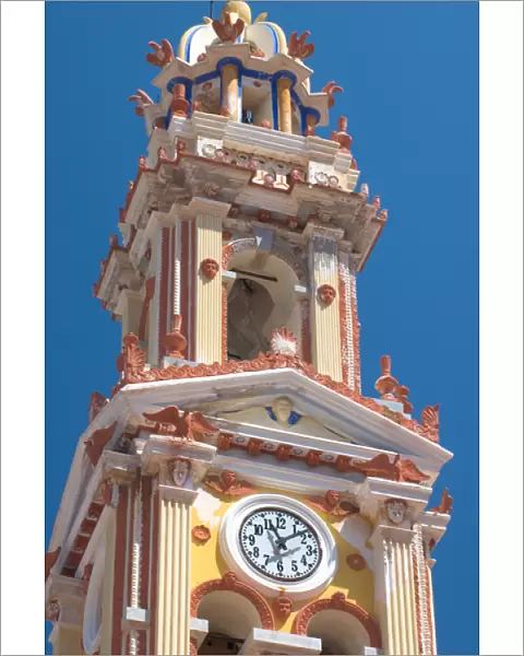 Europe, Greece, Dodecanese Islands, Halki: the ornate bell tower at Panormitis Monasatery