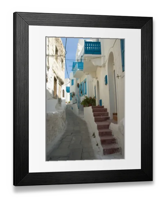 Framed Print : Europe, Greece, Dodecanese Islands, Nisyros: narrow streets of Mandraki with coloured Framed Print : Europe, Greece, Dodecanese Islands, Nisyros: narrow streets of Mandraki with coloured