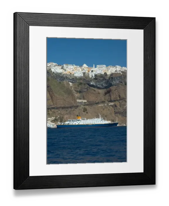 Framed Print : Europe, Greece, Dodecanese, Santorini: view of Fira on the clifftops with cruise
