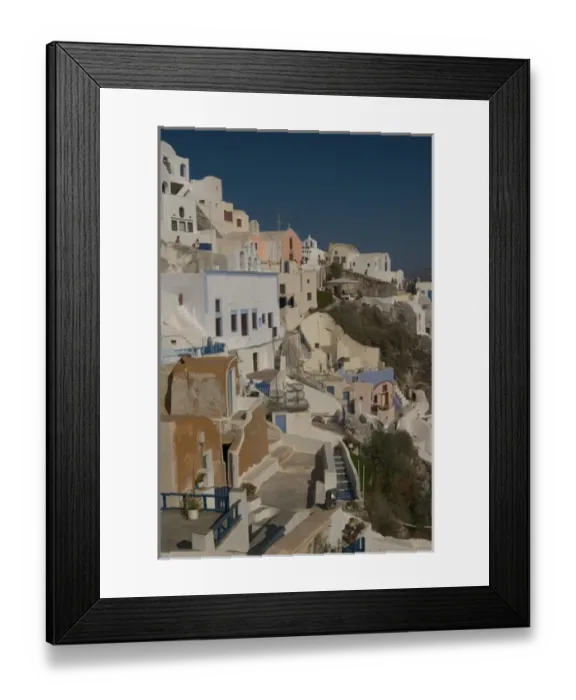Framed Print : Europe, Greece, Santorini, Oia: the hanging clifftop village at sunset