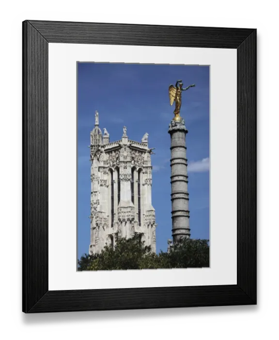 Framed Print : France. Paris. The column of Palmier Fountain with Saint-Jacques tower in the background Framed Print : France. Paris. The column of Palmier Fountain with Saint-Jacques tower in the background