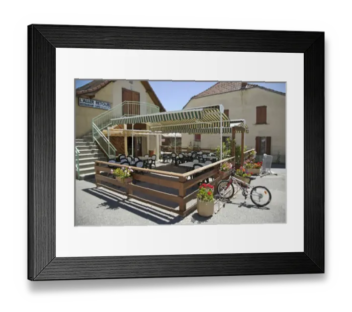 Framed Print : Europe, France, French Alps. An empty cafe waits for customers in a small village Framed Print : Europe, France, French Alps. An empty cafe waits for customers in a small village
