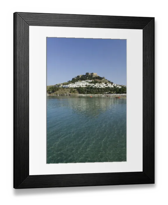 Framed Print : GREECE-Dodecanese Islands-RHODES-Lindos: Lindos Harbor- Beach View with Acropolis Framed Print : GREECE-Dodecanese Islands-RHODES-Lindos: Lindos Harbor- Beach View with Acropolis