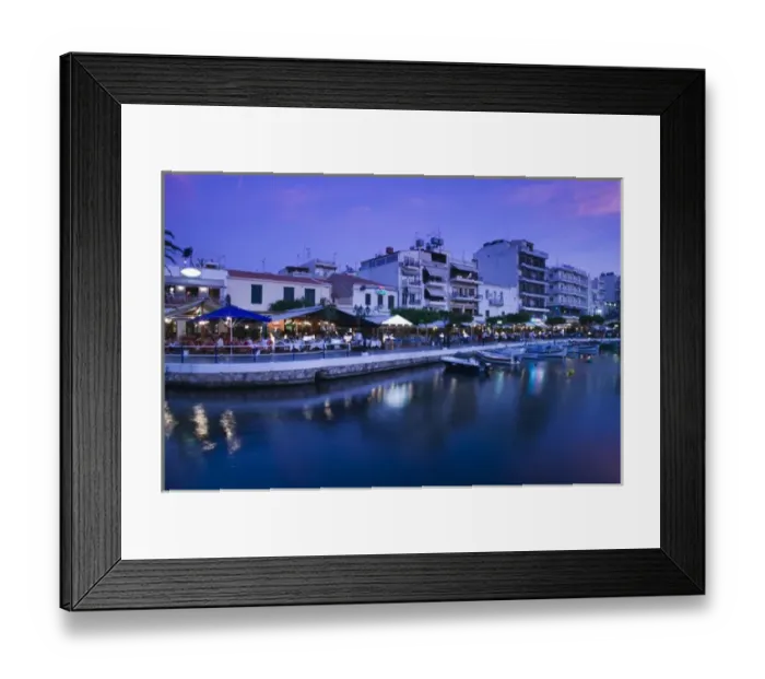 Framed Print : GREECE-CRETE-Lasithi Province-Agios Nikolaos: View of the Cafes by Voulismeni Lake / Dusk Framed Print : GREECE-CRETE-Lasithi Province-Agios Nikolaos: View of the Cafes by Voulismeni Lake / Dusk