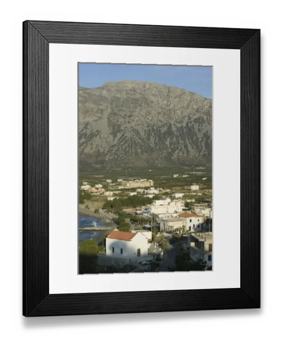 Framed Print : GREECE-CRETE-Lasithi Province-Pachia Ammos: Coastal Village View and Mt. Orno  /  Late