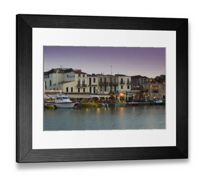 Framed Print : GREECE-CRETE-Rethymno Province-Rethymno: Venetian Harbor and Restaurants  /  Dusk