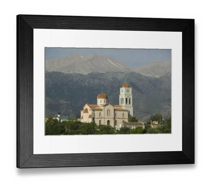 Framed Print : GREECE-CRETE-Hania Province-Kalamitsi Amigdalou: Town Church with Lefka Ori Mountains Framed Print : GREECE-CRETE-Hania Province-Kalamitsi Amigdalou: Town Church with Lefka Ori Mountains