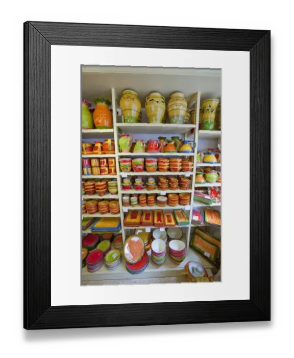 Framed Print : France, Provence, St. Remy-de-Provence. Pottery on display in a store. Credit as Framed Print : France, Provence, St. Remy-de-Provence. Pottery on display in a store. Credit as