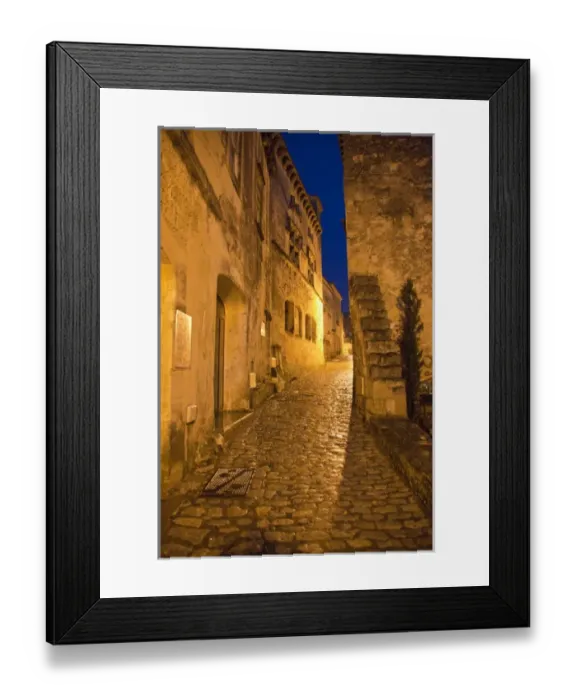 Framed Print : France, Provence, Les Baux-de-Provence. Deserted street inside castle at night. Credit as Framed Print : France, Provence, Les Baux-de-Provence. Deserted street inside castle at night. Credit as