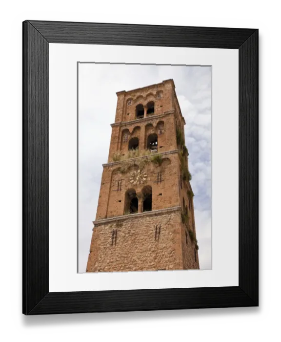 Framed Print : France, Provence, Moustiers-Ste-Marie. Cathedral belltower with clock. Credit as