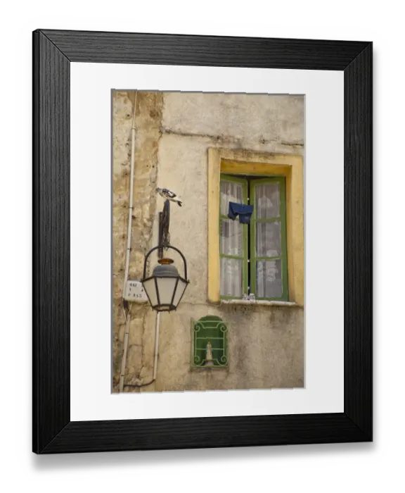 Framed Print : France, Provence, Vence. Childs trousers and shoes drying outside a homes window Framed Print : France, Provence, Vence. Childs trousers and shoes drying outside a homes window