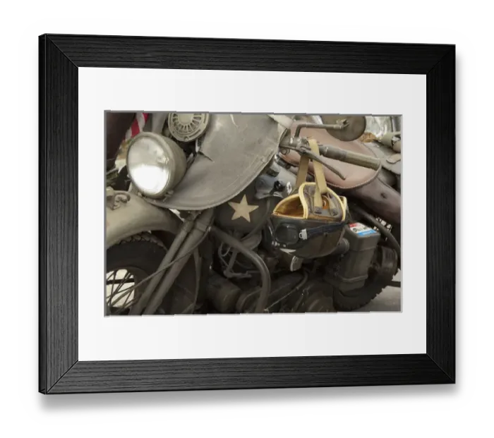 Framed Print : France, Normandy, Arromanches. Vintage military motorcycles on famous battlefield Framed Print : France, Normandy, Arromanches. Vintage military motorcycles on famous battlefield