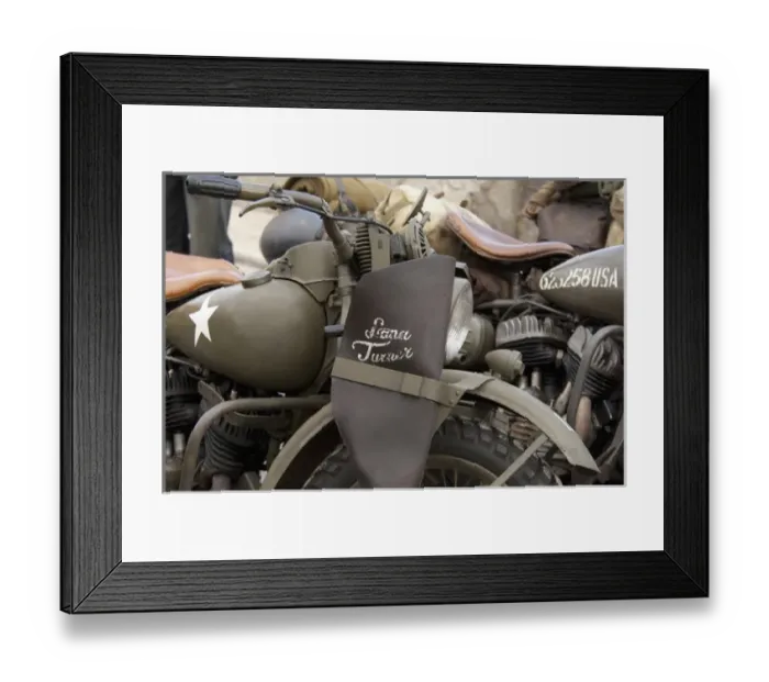 Framed Print : France, Normandy, Arromanches. Vintage military motorcycles on famous battlefield