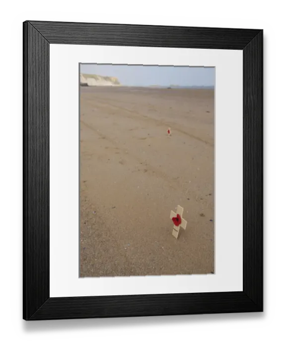 Framed Print : France, Normandy, Arromanches Beach. Remembrance crosses placed in the sand on