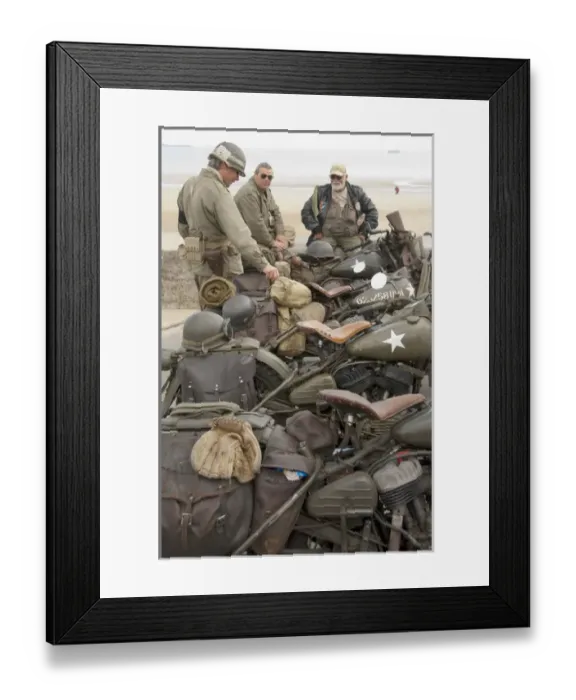 Framed Print : France, Normandy, Arromanches. Vintage military motorcycles on famous battlefield Framed Print : France, Normandy, Arromanches. Vintage military motorcycles on famous battlefield