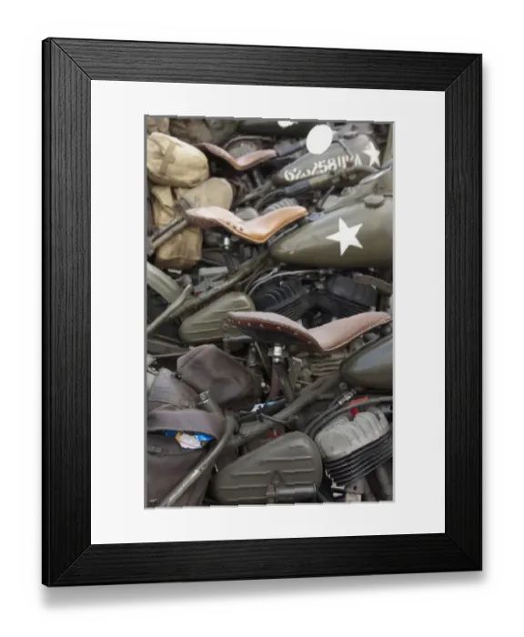 Framed Print : France, Normandy, Arromanches. Vintage military motorcycles on famous battlefield Framed Print : France, Normandy, Arromanches. Vintage military motorcycles on famous battlefield