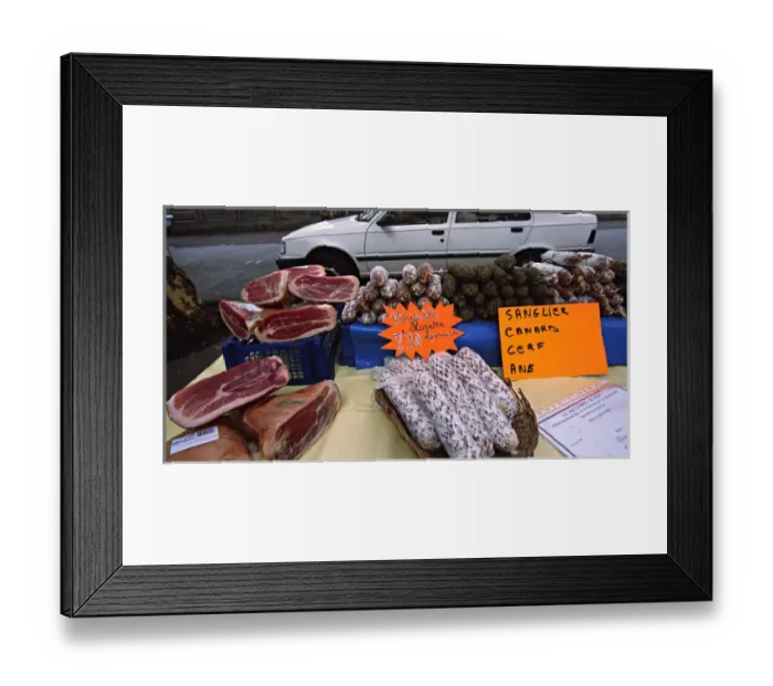 Framed Print : Outdoor market selling cured meat and sausage, Lyon, France Framed Print : Outdoor market selling cured meat and sausage, Lyon, France