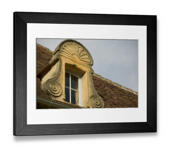 Framed Print : Dormer window, Montpazier, Dordogne, Perigord, France. A bastide or fortified town Framed Print : Dormer window, Montpazier, Dordogne, Perigord, France. A bastide or fortified town