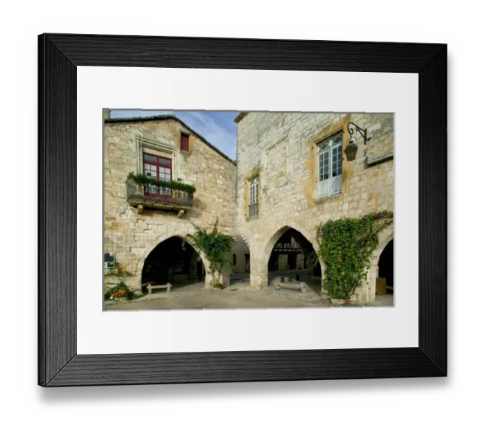 Framed Print : Place des Corniers, Montpazier, Dordogne, Perigord, France. A bastide or fortified town Framed Print : Place des Corniers, Montpazier, Dordogne, Perigord, France. A bastide or fortified town