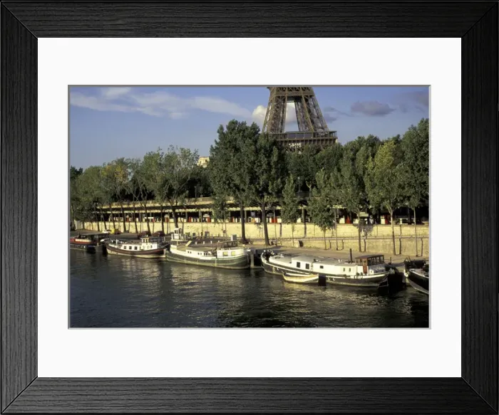 Framed Print : Europe, France, Paris Eiffel Tower, Seine, barges