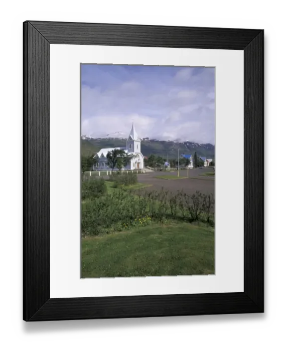 Framed Print : Iceland, Seydisfjordur Blue church in town harbor; fishing port Framed Print : Iceland, Seydisfjordur Blue church in town harbor; fishing port