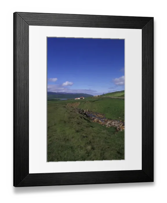 Framed Print : Iceland, North Central Iceland Heidarbraut Farm with colorful mountains and river