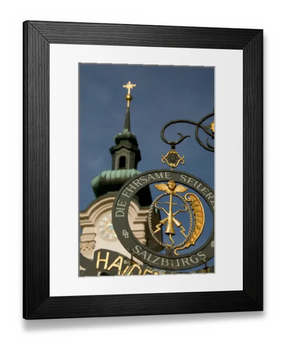 Framed Print : Sign for rope shop, church tower, Salzburg, Austria Framed Print : Sign for rope shop, church tower, Salzburg, Austria