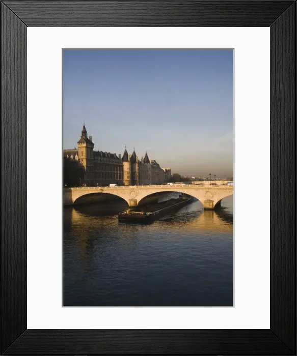 Framed Print : Barge on Seine, Conciergerie on Ile de la Cite, Pont au Change, Paris, France Framed Print : Barge on Seine, Conciergerie on Ile de la Cite, Pont au Change, Paris, France