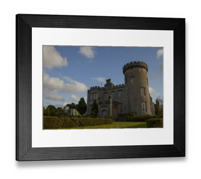 Framed Print : Dromoland Castle Hotel in Newmaket-on-Fergus, Ireland, side view under a blue sky