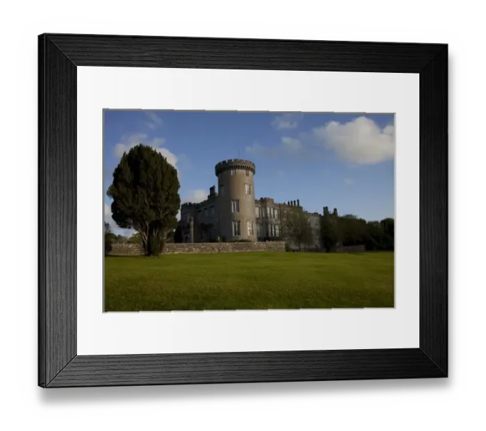 Framed Print : Dromoland Castle Hotel in Newmaket-on-Fergus, Ireland, side view with a large lawn