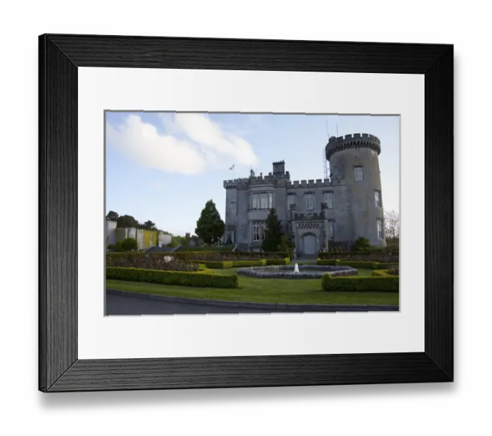 Framed Print : Dromoland Castle Hotel in Newmaket-on-Fergus, Ireland, side view with a fountain, shrubs Framed Print : Dromoland Castle Hotel in Newmaket-on-Fergus, Ireland, side view with a fountain, shrubs