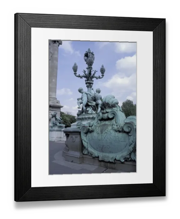 Framed Print : EU, France, Paris. Seine River Bridge and statue