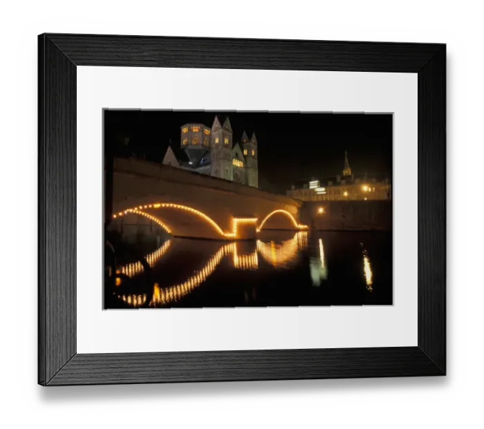 Framed Print : EU, France, Metz. Illuminated bridge and church Framed Print : EU, France, Metz. Illuminated bridge and church