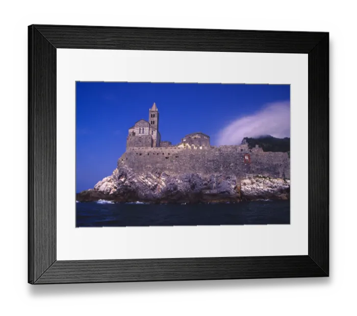 Framed Print : Europe, Italy, Gulf of Genoa. Church of St. Peter on cliff upon entering town of Framed Print : Europe, Italy, Gulf of Genoa. Church of St. Peter on cliff upon entering town of