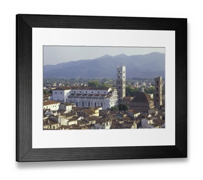 Framed Print : Italy, Tuscany, Lucca Cathedral of San Martino (13th C. ) and houses with mountains Framed Print : Italy, Tuscany, Lucca Cathedral of San Martino (13th C. ) and houses with mountains