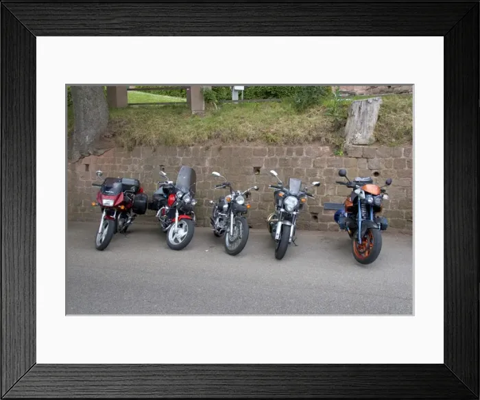 Framed Print : Motorcycles parked along a rock wall in Eastern France. france, french, europe Framed Print : Motorcycles parked along a rock wall in Eastern France. france, french, europe