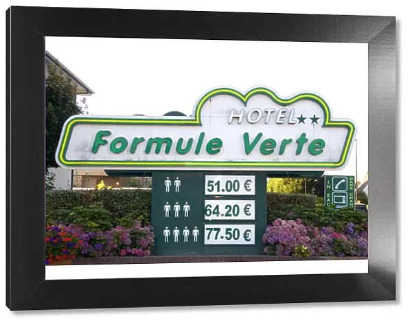 Hotel sign with price in euros at Le Mont Saint Michel in the region of Basse-Normandie