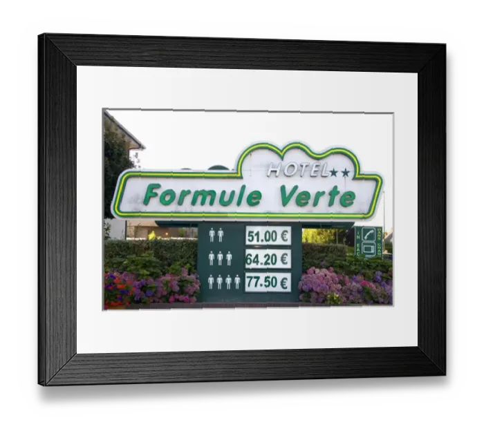Framed Print : Hotel sign with price in euros at Le Mont Saint Michel in the region of Basse-Normandie