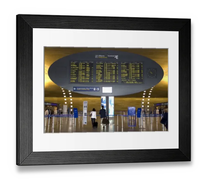 Framed Print : Departure board located in the Paris-Charles de Gaulle Airport, Paris, France
