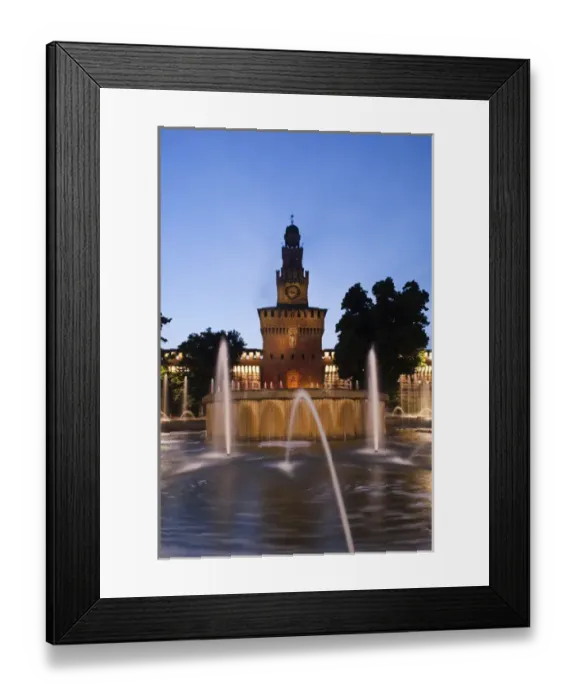 Framed Print : ITALY, Milan Province, Milan. Castello Sforzesco and Piazza Castello fountain, evening Framed Print : ITALY, Milan Province, Milan. Castello Sforzesco and Piazza Castello fountain, evening