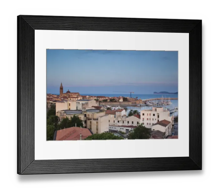 Framed Print : ITALY, Sardinia, Alghero. Aerial town view from the east, morning Framed Print : ITALY, Sardinia, Alghero. Aerial town view from the east, morning