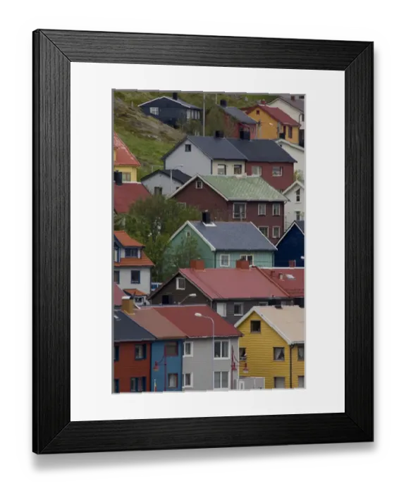Framed Print : Norway, Honningsvag, North Cape. The Northern most city in Europe. Typical colorful