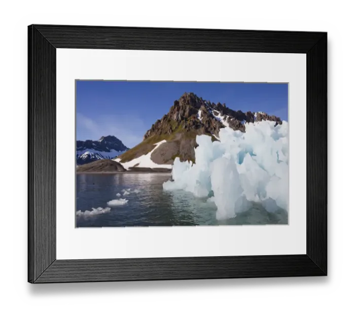 Framed Print : Norway, Svalbard, Spitsbergen Island, Melting iceberg floating beneath mountain peaks Framed Print : Norway, Svalbard, Spitsbergen Island, Melting iceberg floating beneath mountain peaks